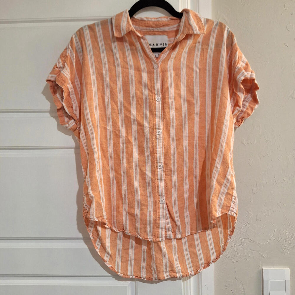 Lola River L Peach White Stripe Linen Blouse Short Sleeve Coastal Grandmacore